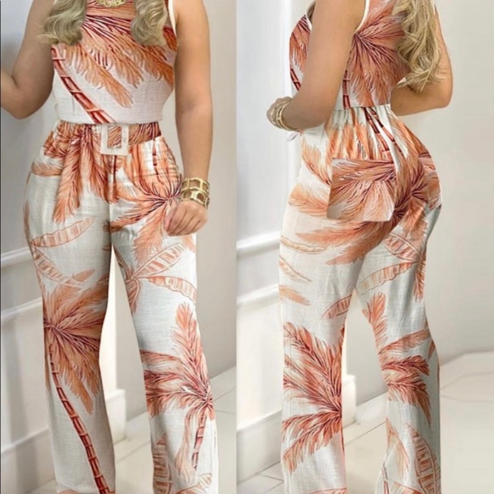 Tropical Print Colorblock Top & Pants Set